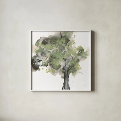 Treetops II Sage by Chris Paschke. Shown in a crisp white glass frame for a clean and minimalist style. Available as an archival giclee rolled canvas, fine art paper, or poster print. SKU 88711a.