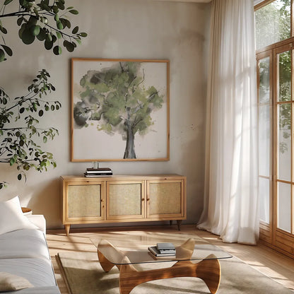 Treetops II Sage by Chris Paschke. Shown in a natural wood frame in a cozy modern living room. Available as an archival giclee rolled canvas, fine art paper, or poster print. SKU 88711a.