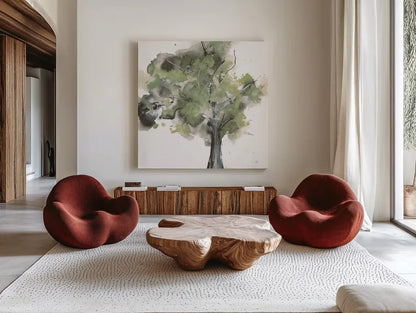 Treetops II Sage by Chris Paschke. Shown as extra-large giant wall art in a modern living room. Available as an archival giclee rolled canvas, fine art paper, or poster print. SKU 88711a.