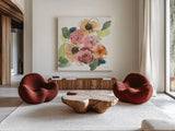 Trend Bouquet I by Chris Paschke. Shown as extra-large giant wall art in a modern living room. Available as an archival giclee rolled canvas, fine art paper, or poster print. SKU 91446a.