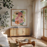 Trend Bouquet II by Chris Paschke. Shown in a natural wood frame in a cozy modern living room. Available as an archival giclee rolled canvas, fine art paper, or poster print. SKU 91447a.