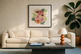 Trend Bouquet II by Chris Paschke. Displayed in a glass frame with matte in a clean modern living room. Available as an archival giclee rolled canvas, fine art paper, or poster print. SKU 91447a.