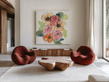 Trend Bouquet II by Chris Paschke. Shown as extra-large giant wall art in a modern living room. Available as an archival giclee rolled canvas, fine art paper, or poster print. SKU 91447a.