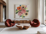 Trend Bouquet III by Chris Paschke. Shown as extra-large giant wall art in a modern living room. Available as an archival giclee rolled canvas, fine art paper, or poster print. SKU 91448a.