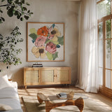 Trend Bouquet IV by Chris Paschke. Shown in a natural wood frame in a cozy modern living room. Available as an archival giclee rolled canvas, fine art paper, or poster print. SKU 91449a.