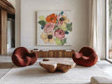 Trend Bouquet IV by Chris Paschke. Shown as extra-large giant wall art in a modern living room. Available as an archival giclee rolled canvas, fine art paper, or poster print. SKU 91449a.