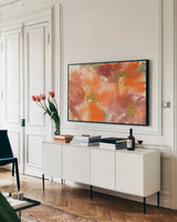Tribal Lilies I by Chris Paschke. shown as a framed stretched canvas in a living room above a console. Available as a archival giclee rolled canvas, fine art paper, or poster print. SKU 50269i.