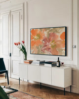 Tribal Lilies II by Chris Paschke. shown as a framed stretched canvas in a living room above a console. Available as a archival giclee rolled canvas, fine art paper, or poster print. SKU 50270i.