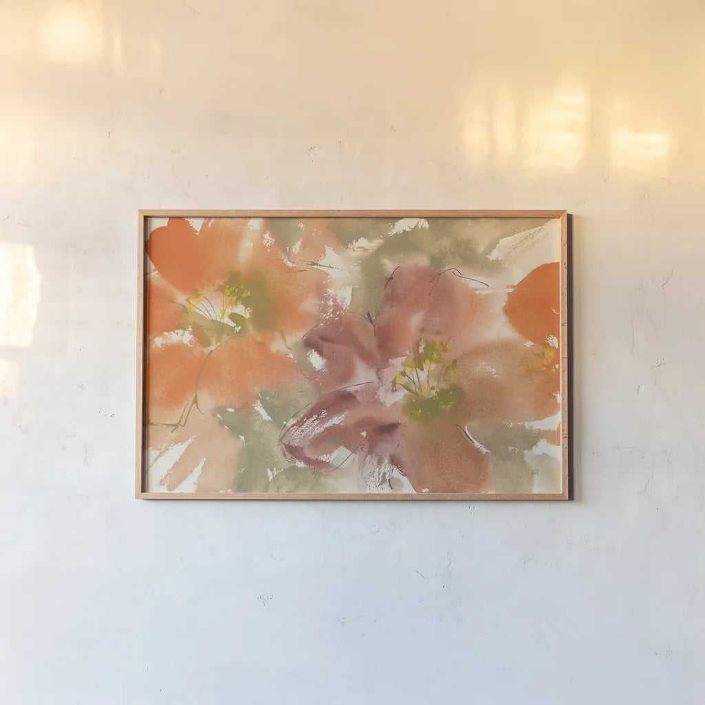 Tribal Lilies II by Chris Paschke. shown as a paper print in a natural frame. Available as a archival giclee rolled canvas, fine art paper, or poster print. SKU 50270i.