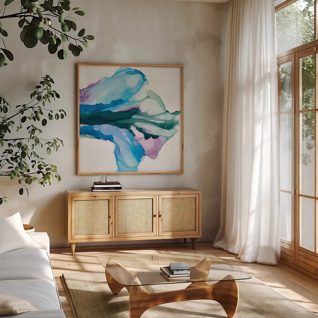 Tributary by Chris Paschke. Shown in a natural wood frame in a cozy modern living room. Available as an archival giclee rolled canvas, fine art paper, or poster print. SKU 65435a.