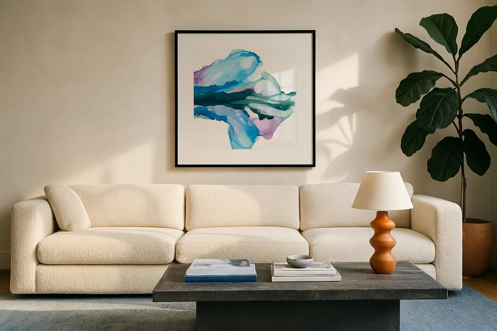 Tributary by Chris Paschke. Displayed in a glass frame with matte in a clean modern living room. Available as an archival giclee rolled canvas, fine art paper, or poster print. SKU 65435a.