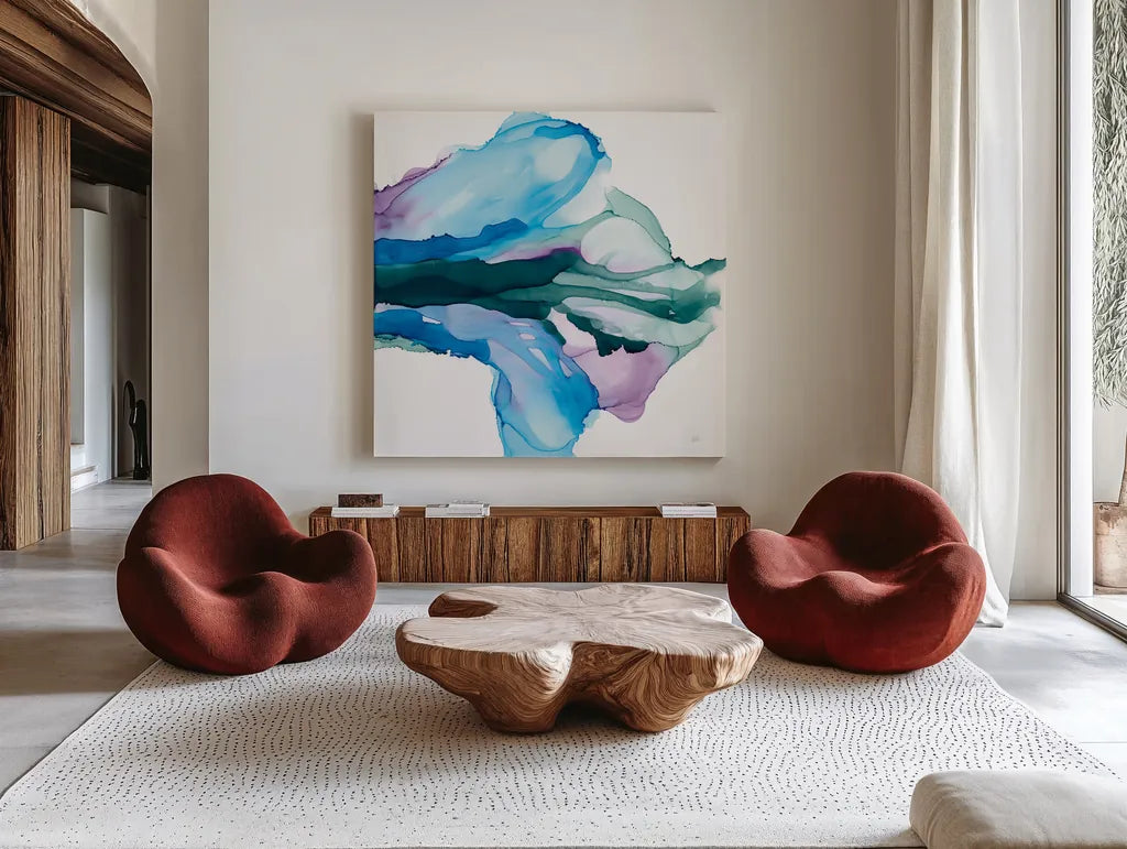 Tributary by Chris Paschke. Shown as extra-large giant wall art in a modern living room. Available as an archival giclee rolled canvas, fine art paper, or poster print. SKU 65435a.