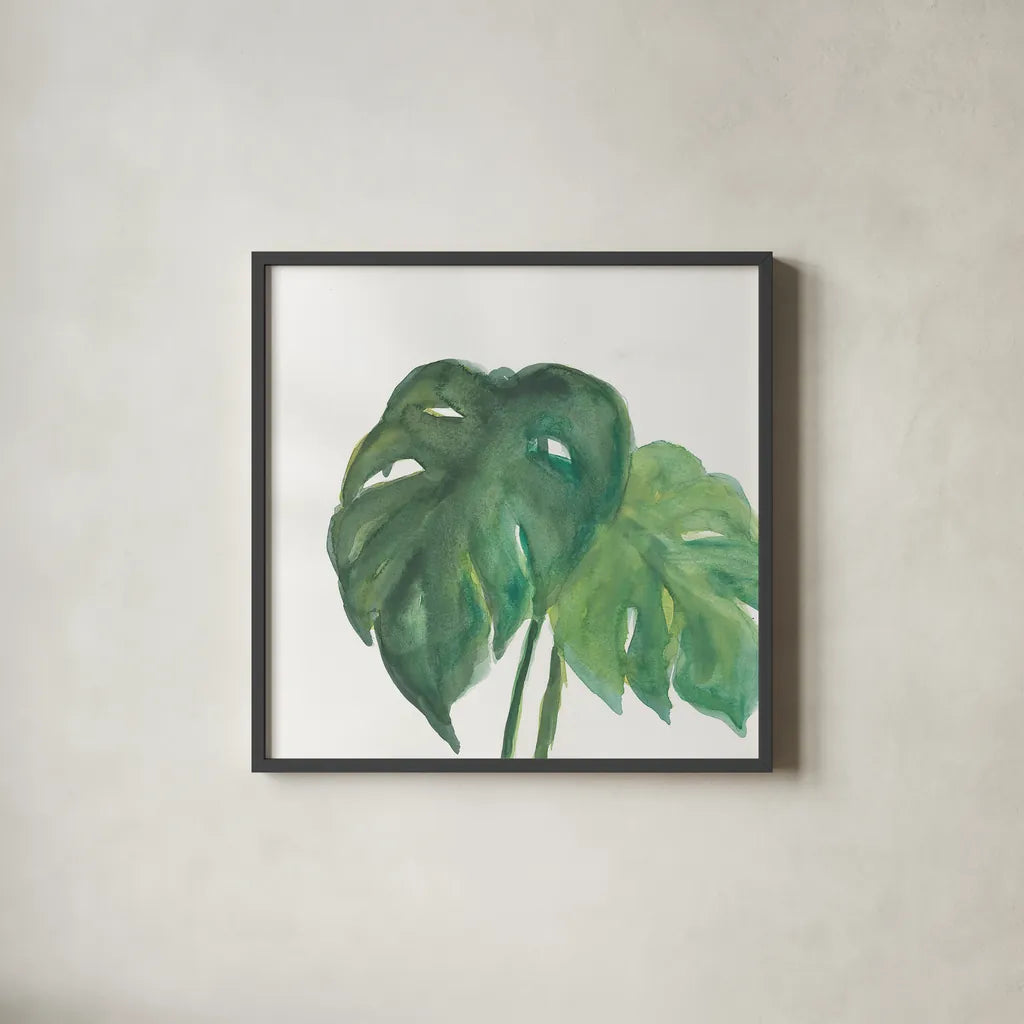 Tropical Palm II by Chris Paschke. Shown in a sleek black glass frame for a contemporary gallery look. Available as an archival giclee rolled canvas, fine art paper, or poster print. SKU 22674a.