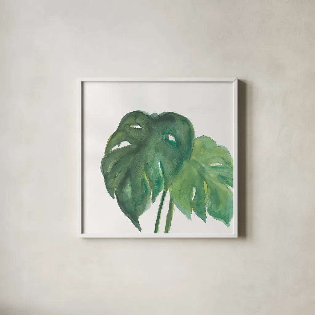Tropical Palm II by Chris Paschke. Shown in a crisp white glass frame for a clean and minimalist style. Available as an archival giclee rolled canvas, fine art paper, or poster print. SKU 22674a.