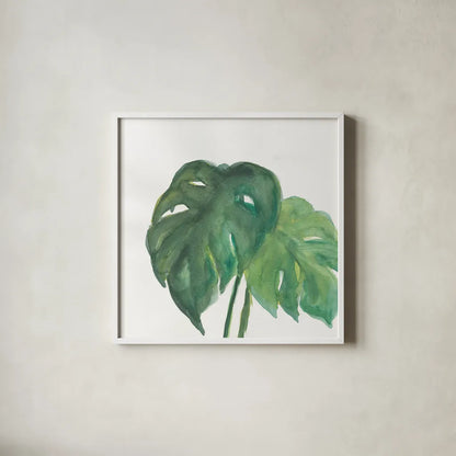 Tropical Palm II by Chris Paschke. Shown in a crisp white glass frame for a clean and minimalist style. Available as an archival giclee rolled canvas, fine art paper, or poster print. SKU 22674a.