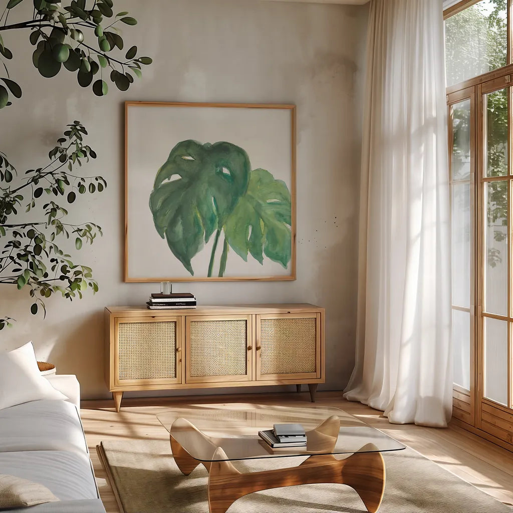 Tropical Palm II by Chris Paschke. Shown in a natural wood frame in a cozy modern living room. Available as an archival giclee rolled canvas, fine art paper, or poster print. SKU 22674a.