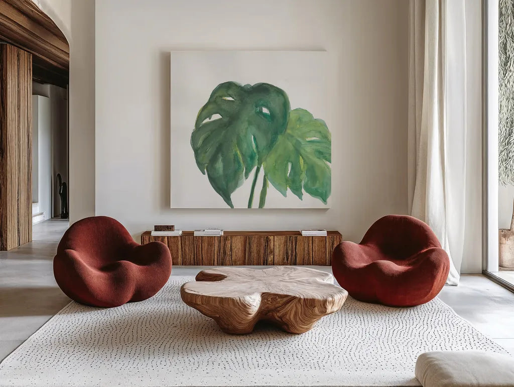 Tropical Palm II by Chris Paschke. Shown as extra-large giant wall art in a modern living room. Available as an archival giclee rolled canvas, fine art paper, or poster print. SKU 22674a.