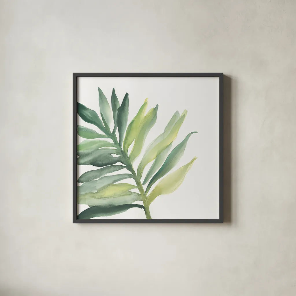 Tropical Palm III by Chris Paschke. Shown in a sleek black glass frame for a contemporary gallery look. Available as an archival giclee rolled canvas, fine art paper, or poster print. SKU 22675a.