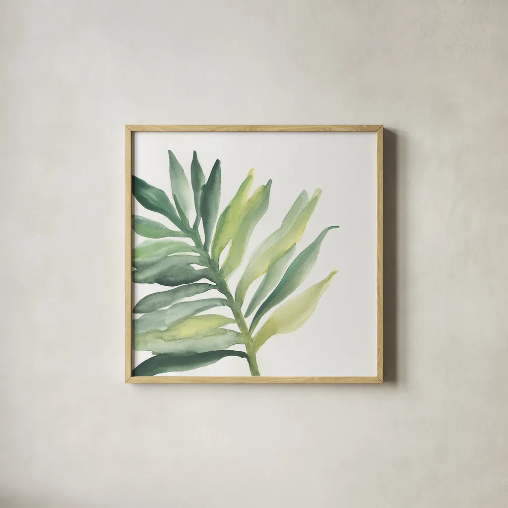 Tropical Palm III by Chris Paschke. Shown in a natural wood glass frame for a timeless modern aesthetic. Available as an archival giclee rolled canvas, fine art paper, or poster print. SKU 22675a.