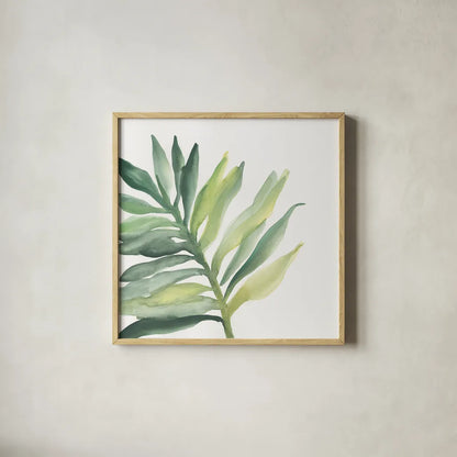 Tropical Palm III by Chris Paschke. Shown in a natural wood glass frame for a timeless modern aesthetic. Available as an archival giclee rolled canvas, fine art paper, or poster print. SKU 22675a.