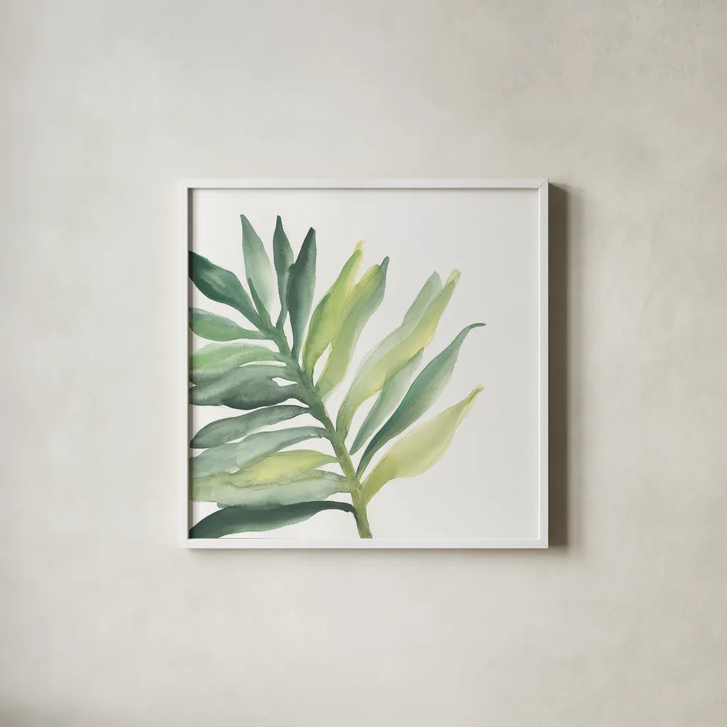 Tropical Palm III by Chris Paschke. Shown in a crisp white glass frame for a clean and minimalist style. Available as an archival giclee rolled canvas, fine art paper, or poster print. SKU 22675a.