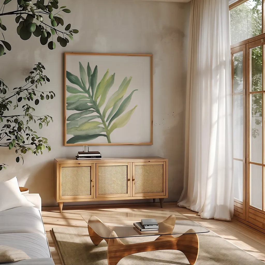 Tropical Palm III by Chris Paschke. Shown in a natural wood frame in a cozy modern living room. Available as an archival giclee rolled canvas, fine art paper, or poster print. SKU 22675a.