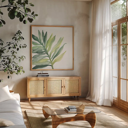 Tropical Palm III by Chris Paschke. Shown in a natural wood frame in a cozy modern living room. Available as an archival giclee rolled canvas, fine art paper, or poster print. SKU 22675a.