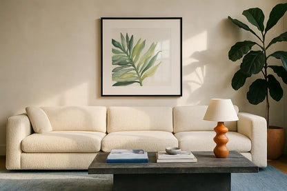 Tropical Palm III by Chris Paschke. Displayed in a glass frame with matte in a clean modern living room. Available as an archival giclee rolled canvas, fine art paper, or poster print. SKU 22675a.
