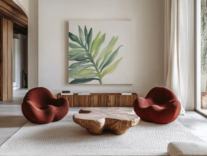 Tropical Palm III by Chris Paschke. Shown as extra-large giant wall art in a modern living room. Available as an archival giclee rolled canvas, fine art paper, or poster print. SKU 22675a.