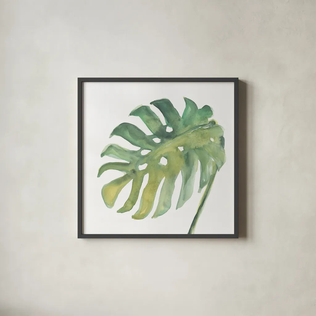 Tropical Palm IV by Chris Paschke. Shown in a sleek black glass frame for a contemporary gallery look. Available as an archival giclee rolled canvas, fine art paper, or poster print. SKU 22676a.