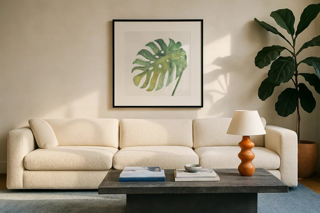 Tropical Palm IV by Chris Paschke. Displayed in a glass frame with matte in a clean modern living room. Available as an archival giclee rolled canvas, fine art paper, or poster print. SKU 22676a.