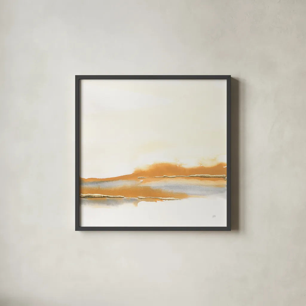 Turmeric and Gold I by Chris Paschke. Shown in a sleek black glass frame for a contemporary gallery look. Available as an archival giclee rolled canvas, fine art paper, or poster print. SKU 68161a.