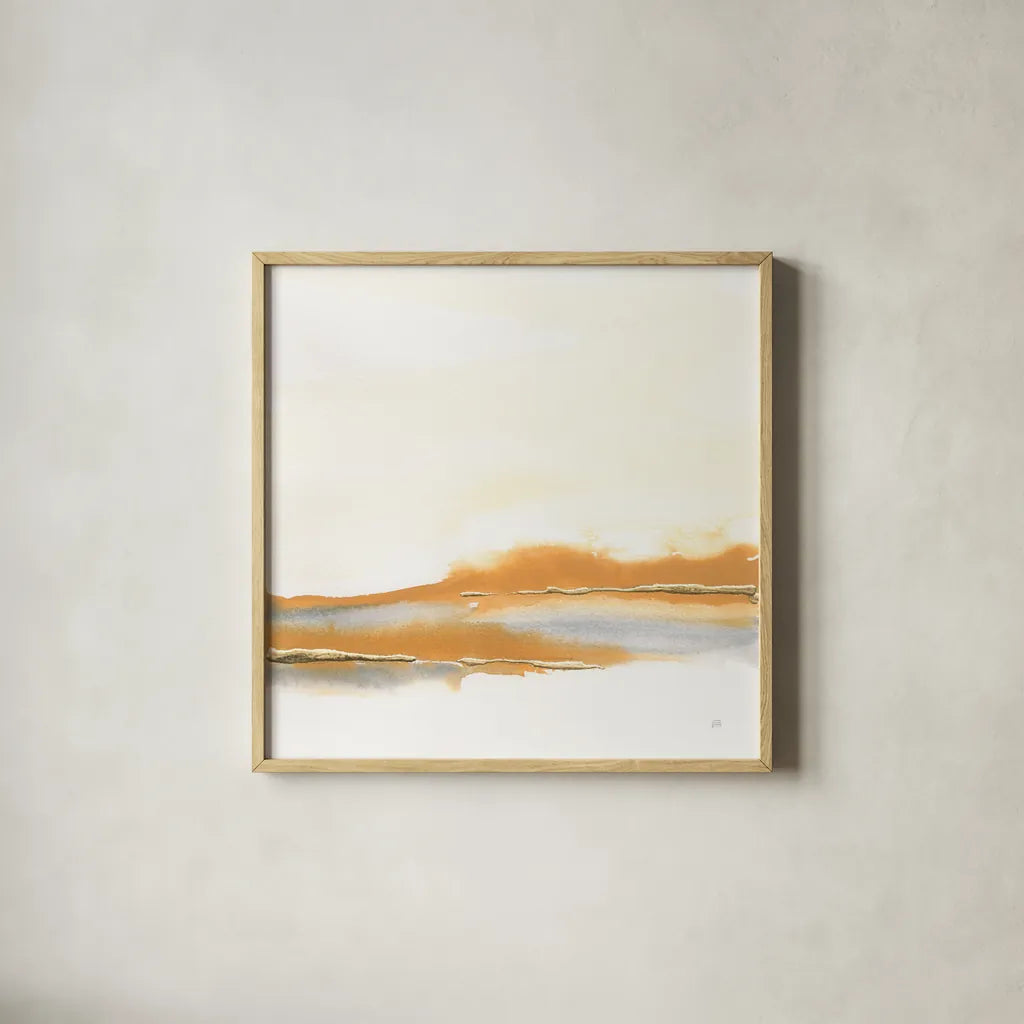 Turmeric and Gold I by Chris Paschke. Shown in a natural wood glass frame for a timeless modern aesthetic. Available as an archival giclee rolled canvas, fine art paper, or poster print. SKU 68161a.