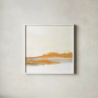 Turmeric and Gold I by Chris Paschke. Shown in a crisp white glass frame for a clean and minimalist style. Available as an archival giclee rolled canvas, fine art paper, or poster print. SKU 68161a.