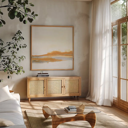 Turmeric and Gold I by Chris Paschke. Shown in a natural wood frame in a cozy modern living room. Available as an archival giclee rolled canvas, fine art paper, or poster print. SKU 68161a.