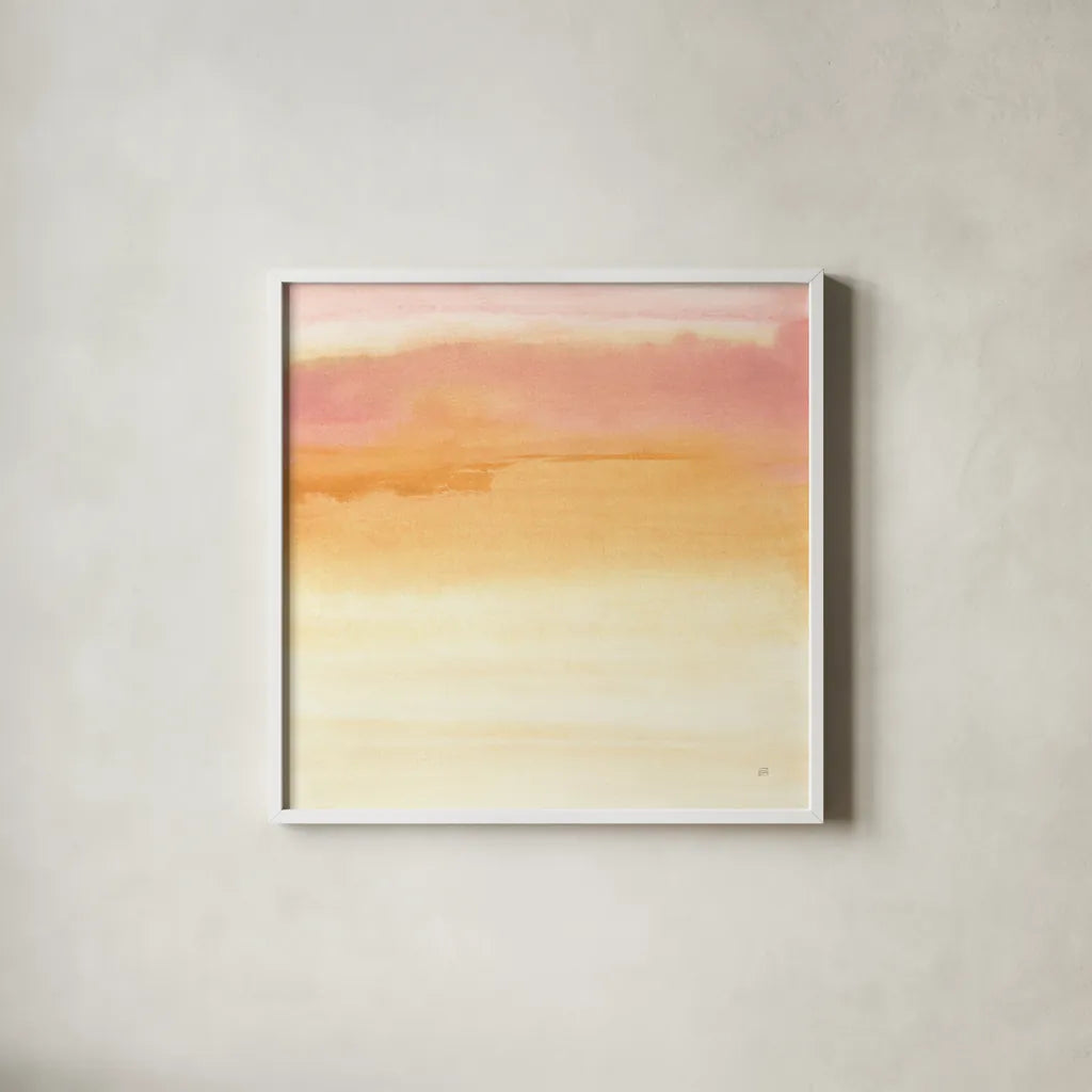 Turmeric and Sand I by Chris Paschke. Shown in a crisp white glass frame for a clean and minimalist style. Available as an archival giclee rolled canvas, fine art paper, or poster print. SKU 68153a.