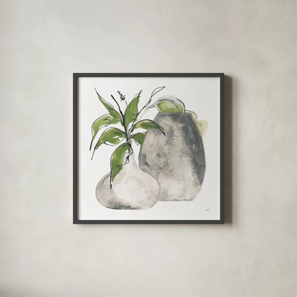 Two Vases I by Chris Paschke. Shown in a sleek black glass frame for a contemporary gallery look. Available as an archival giclee rolled canvas, fine art paper, or poster print. SKU 75141a.