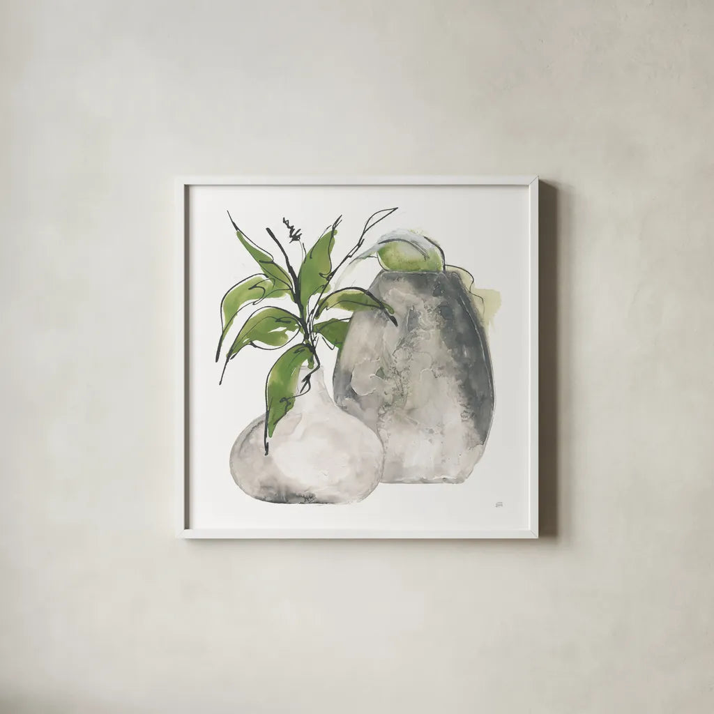 Two Vases I by Chris Paschke. Shown in a crisp white glass frame for a clean and minimalist style. Available as an archival giclee rolled canvas, fine art paper, or poster print. SKU 75141a.