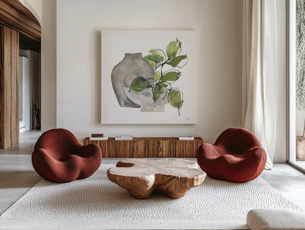 Two Vases II by Chris Paschke. Shown as extra-large giant wall art in a modern living room. Available as an archival giclee rolled canvas, fine art paper, or poster print. SKU 75142a.