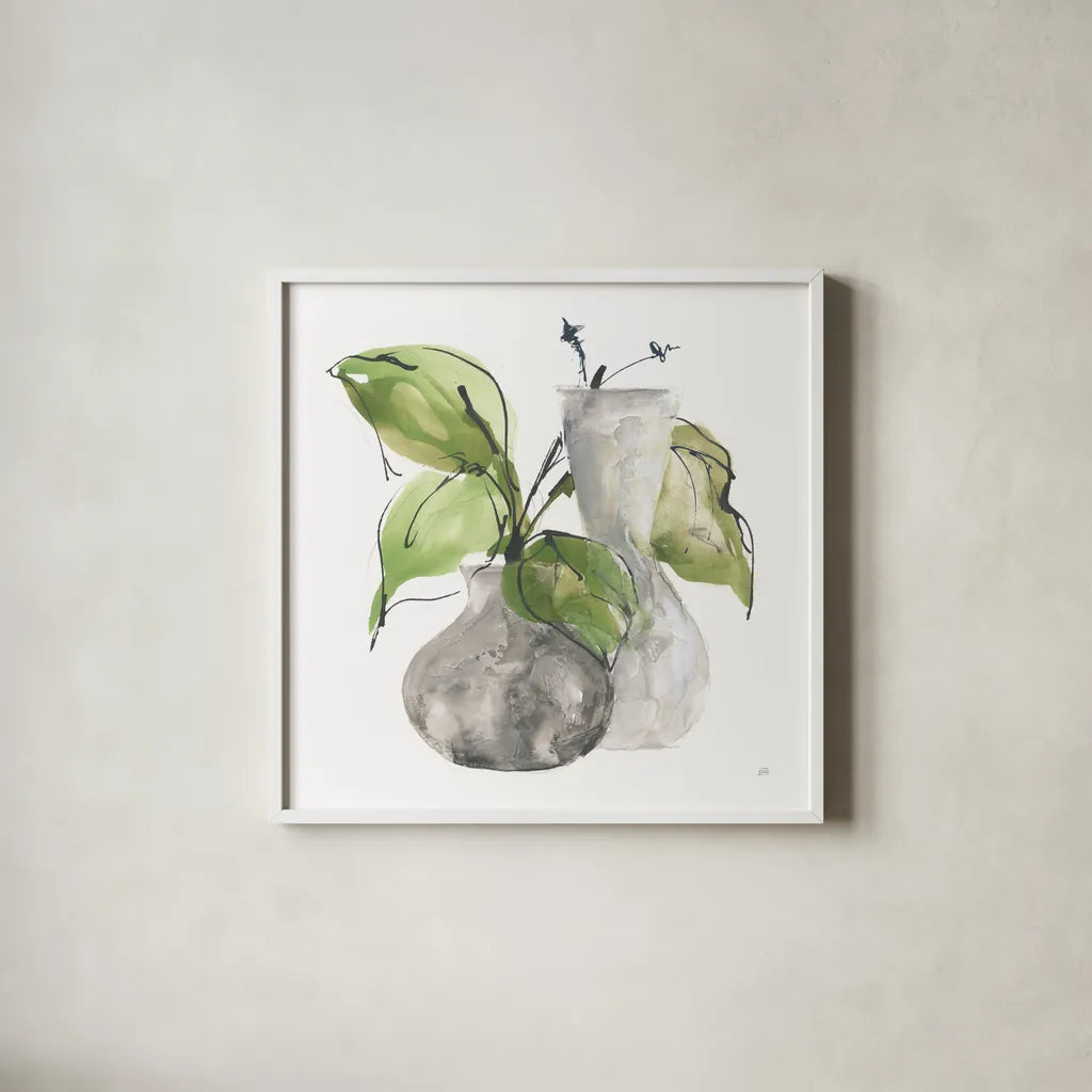 Two Vases III by Chris Paschke. Shown in a crisp white glass frame for a clean and minimalist style. Available as an archival giclee rolled canvas, fine art paper, or poster print. SKU 75143a.