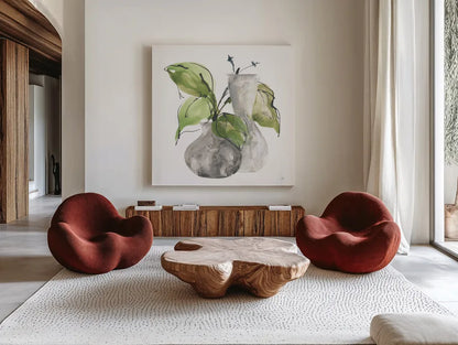 Two Vases III by Chris Paschke. Shown as extra-large giant wall art in a modern living room. Available as an archival giclee rolled canvas, fine art paper, or poster print. SKU 75143a.
