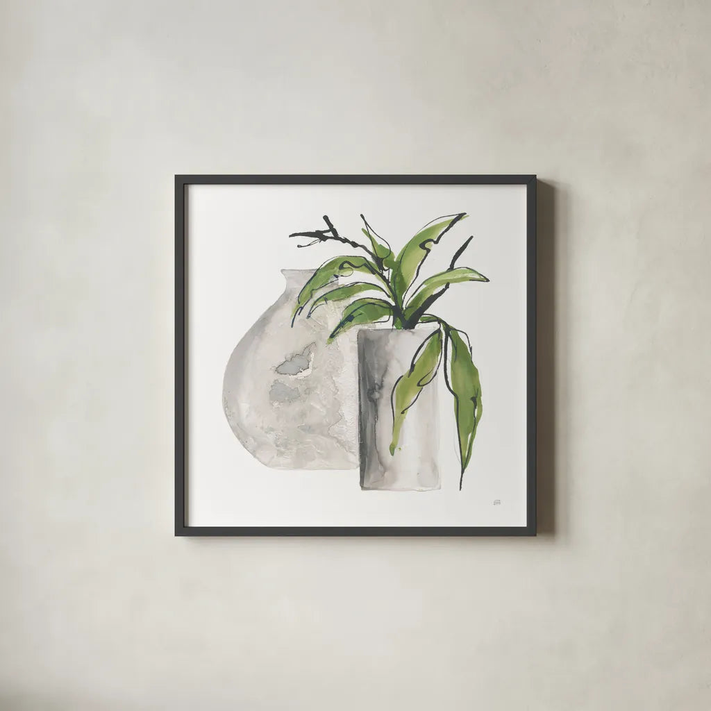 Two Vases IV by Chris Paschke. Shown in a sleek black glass frame for a contemporary gallery look. Available as an archival giclee rolled canvas, fine art paper, or poster print. SKU 75144a.