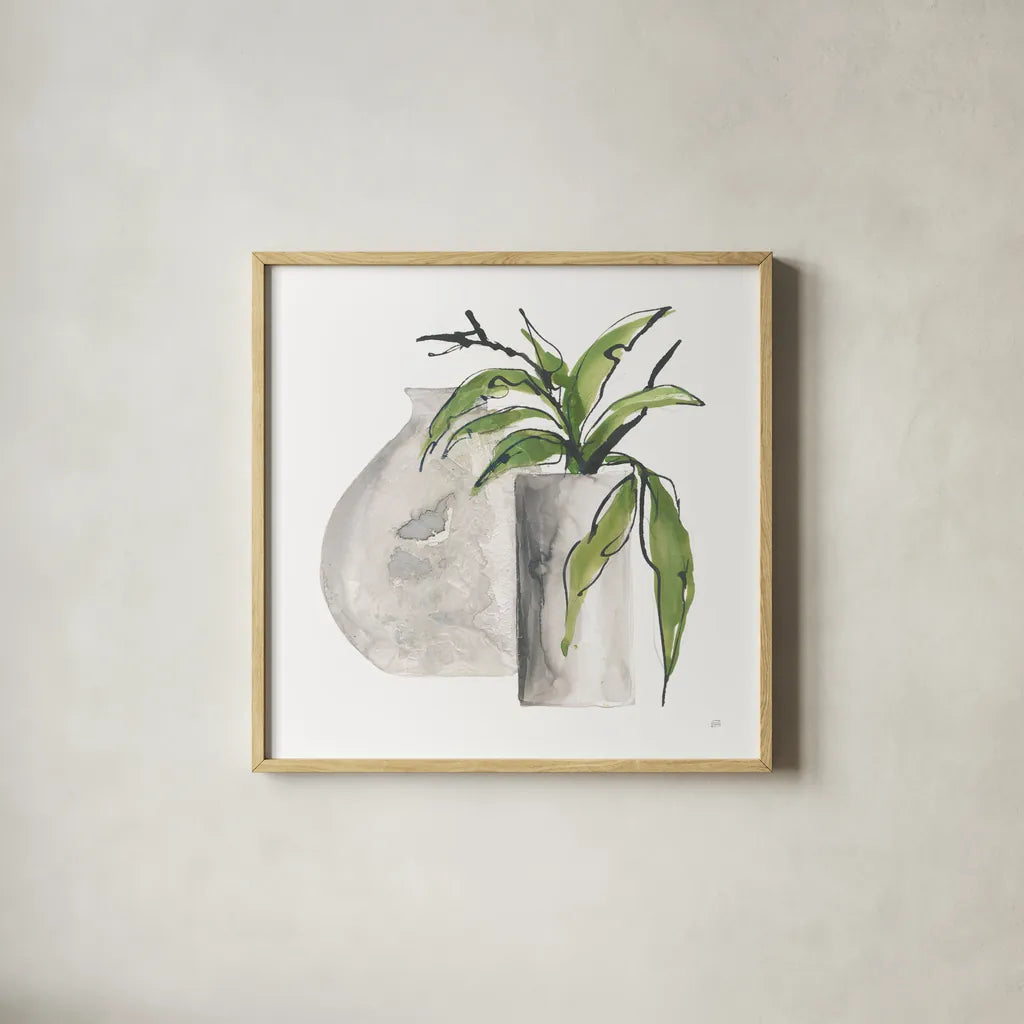 Two Vases IV by Chris Paschke. Shown in a natural wood glass frame for a timeless modern aesthetic. Available as an archival giclee rolled canvas, fine art paper, or poster print. SKU 75144a.