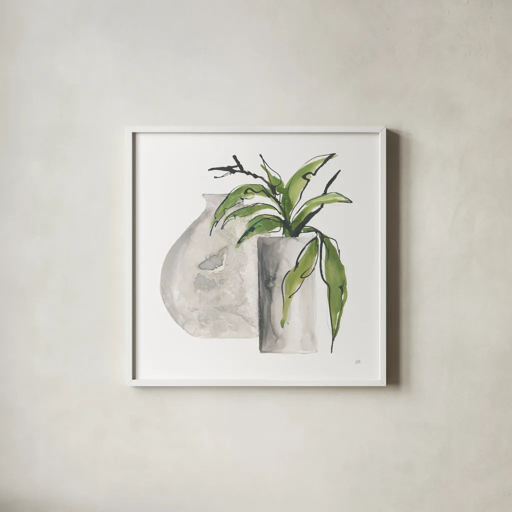 Two Vases IV by Chris Paschke. Shown in a crisp white glass frame for a clean and minimalist style. Available as an archival giclee rolled canvas, fine art paper, or poster print. SKU 75144a.