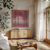 Under the Trees by Chris Paschke. Shown in a natural wood frame in a cozy modern living room. Available as an archival giclee rolled canvas, fine art paper, or poster print. SKU 23958a.