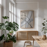 Undisclosed II Warm Gray by Chris Paschke. shown as a print in a natural wood frame in a dining room. Available as a archival giclee rolled canvas, fine art paper, or poster print. SKU 92179h.