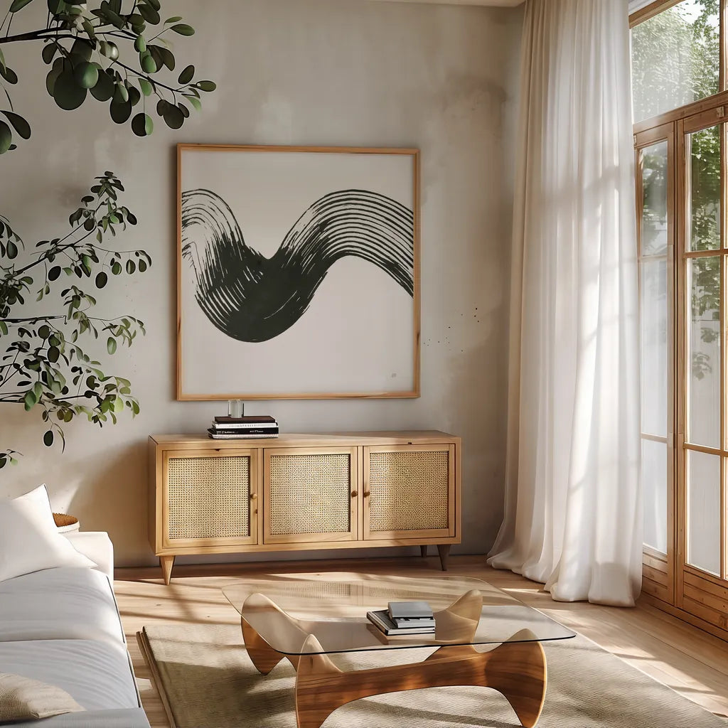 Unparalleled I by Chris Paschke. Shown in a natural wood frame in a cozy modern living room. Available as an archival giclee rolled canvas, fine art paper, or poster print. SKU 79939a.