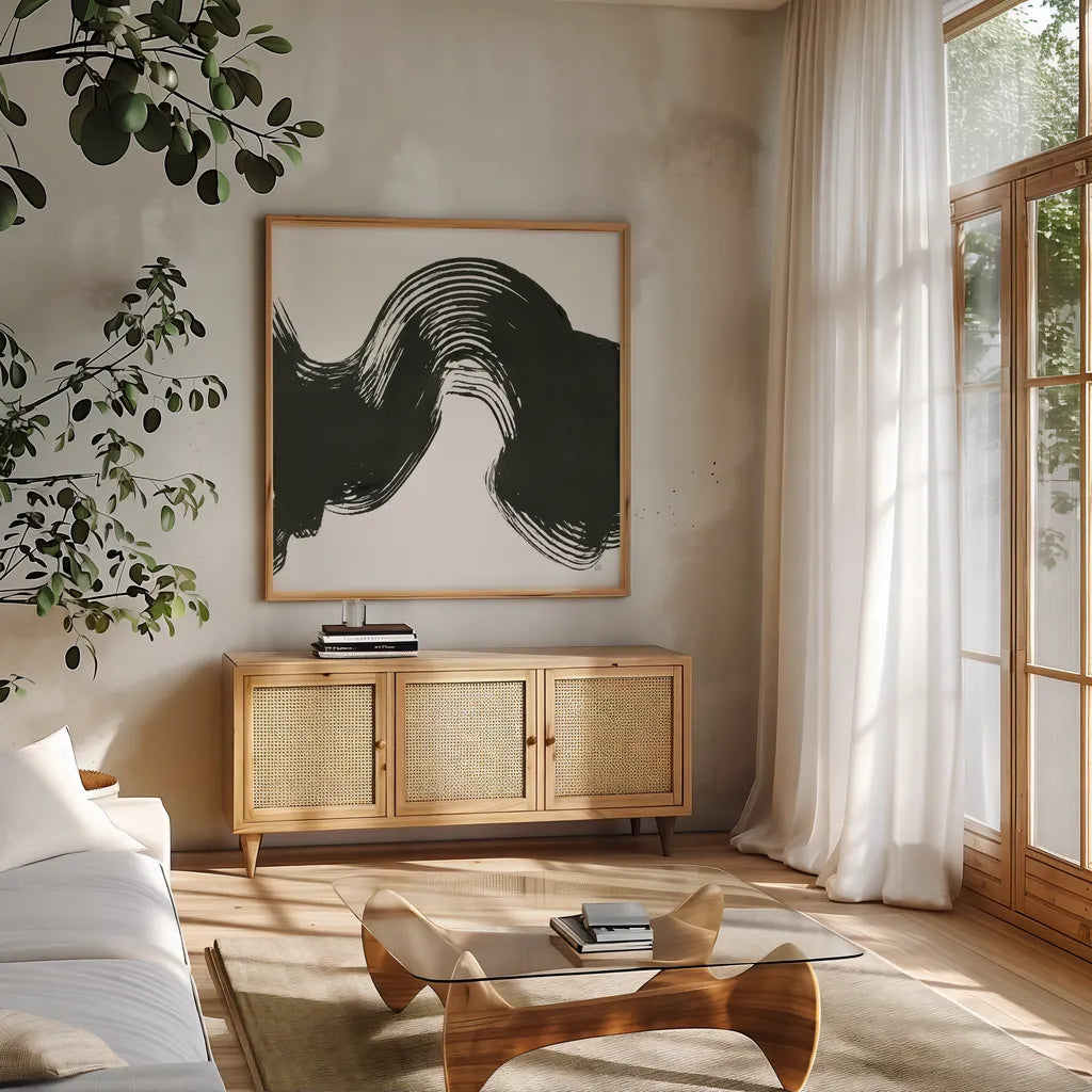 Unparalleled IV by Chris Paschke. Shown in a natural wood frame in a cozy modern living room. Available as an archival giclee rolled canvas, fine art paper, or poster print. SKU 79942a.