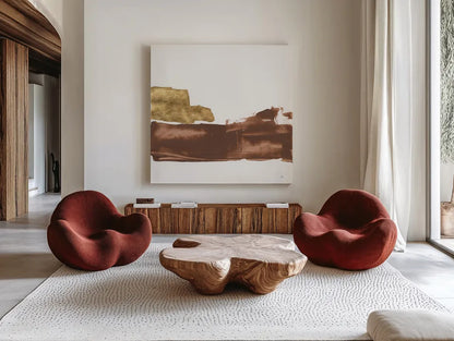 Urban Gold I by Chris Paschke. Shown as extra-large giant wall art in a modern living room. Available as an archival giclee rolled canvas, fine art paper, or poster print. SKU 86831a.