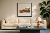 Urban Gold II by Chris Paschke. Displayed in a glass frame with matte in a clean modern living room. Available as an archival giclee rolled canvas, fine art paper, or poster print. SKU 86832a.